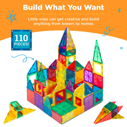 110-Piece Kids Magnetic Tiles Set, Educational Building STEM Toy W/ Case - Multicolor