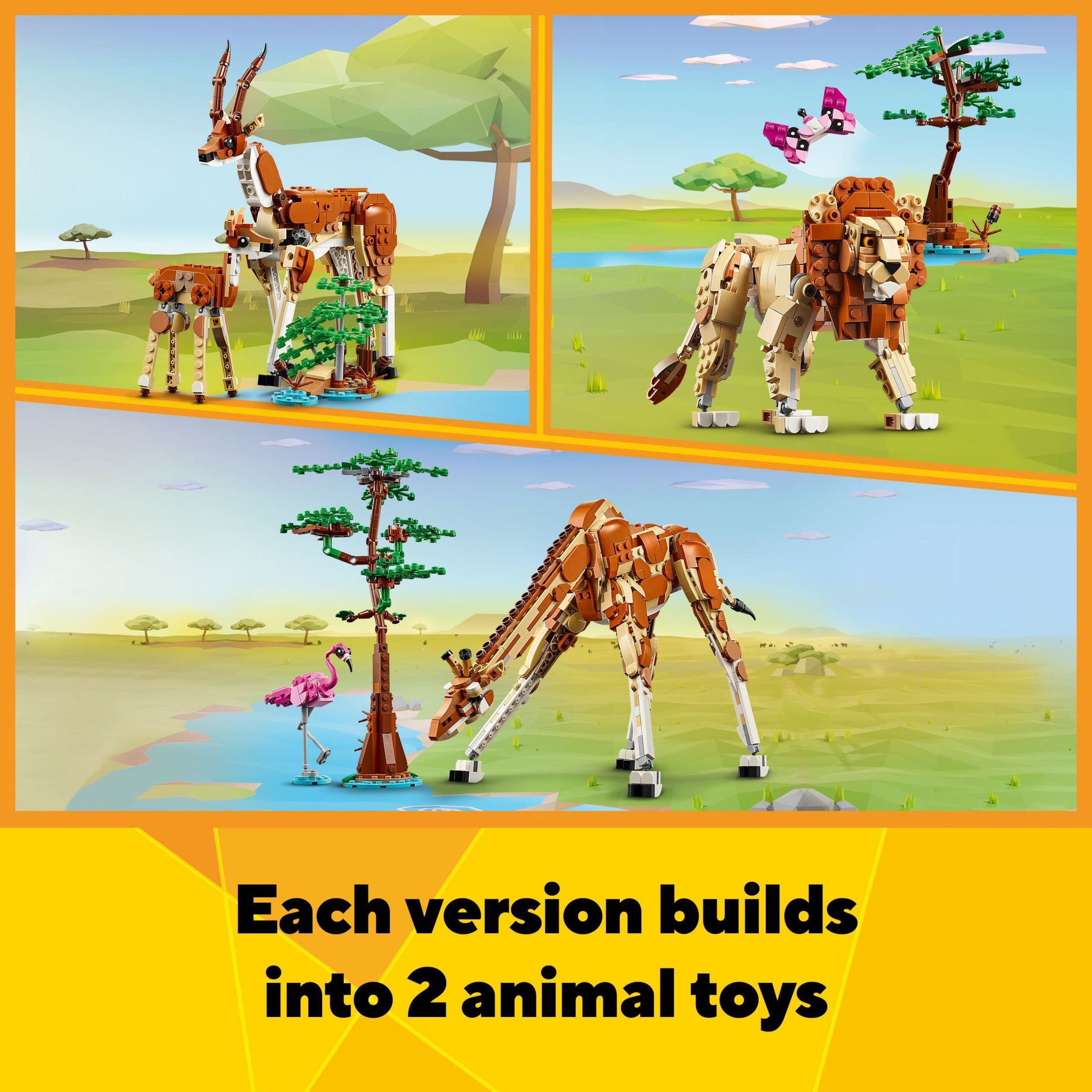 Creator 3 in 1 Wild Safari Animals, Rebuilds into 3 Different Safari Animal Figures - Giraffe Toy, Gazelle Toy or Lion Toy, Nature Toy, Building Set for Kids Ages 9 Years Old and Up, 31150
