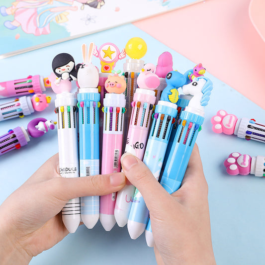 10-Color Retractable Ballpoint Pen – Cute Character Designs Wonder Kids Toy
