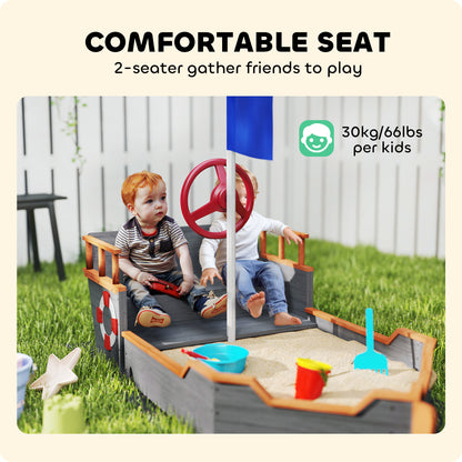 Kids Wooden Sandbox Pirate Ship Sandboat w/ Bench Seat Storage Space Ceder Wood, Gray