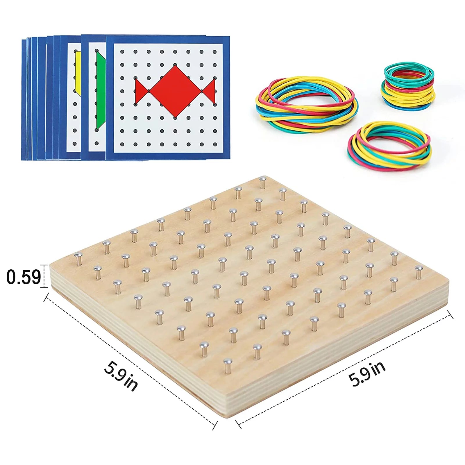 STEM Block Geo Board Graphical Educational Toys, Kids Montessori Geoboard Mathematical Manipulative Array Block with Pattern Cards and Rubber Bands Matrix 8X8 Brain Teaser Toys