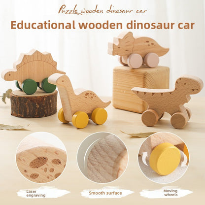 Wooden Pull-Back Dinosaur Car Toy