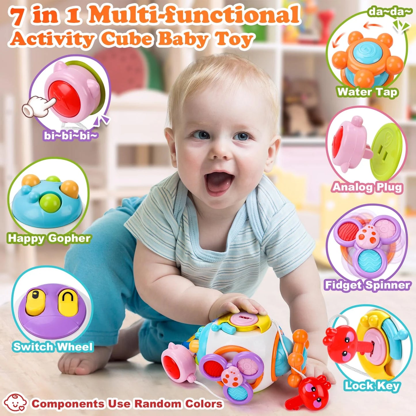 Baby Montessori Sensory Toddler Toys: Gifts for 1 2 3 Boys Girls | 1St Birthday Gifts for Girl Boy | 7-In-1 Activity Cube, 12-Months Baby Educational Toys