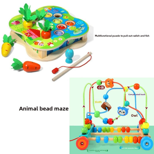 Montessori Wooden Educational Toy Set Pull Carrot Fishing Animal Bead Maze
