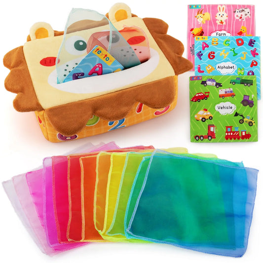 Baby Tissue Box Toy-Lion,Baby Montessori Toys,Soft Stuffed Crinkle Montessori Sensory Toys for Infants 10.6 X 5.9X3.9 Inch