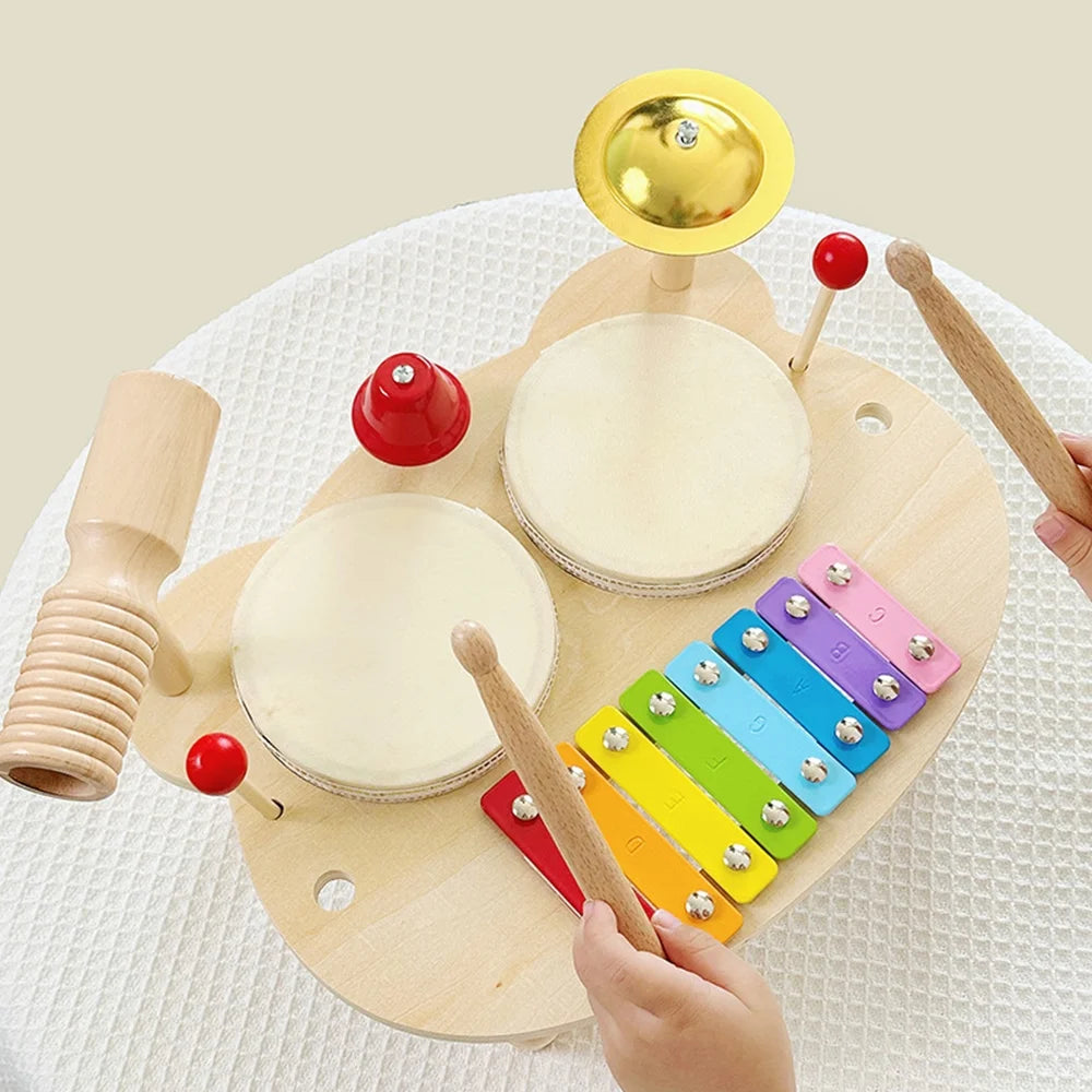 Kids Drum Set All in One Montessori Musical Instruments Set Toddler Toys Natural Wooden Music Kit Baby Sensory Toys Months Birthday Gifts for Girls Boys