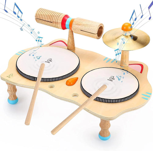 Music Toy Drum Set for Kids Wooden Musical Instruments Baby Learning Toy for Boy Girl 1-5 Year