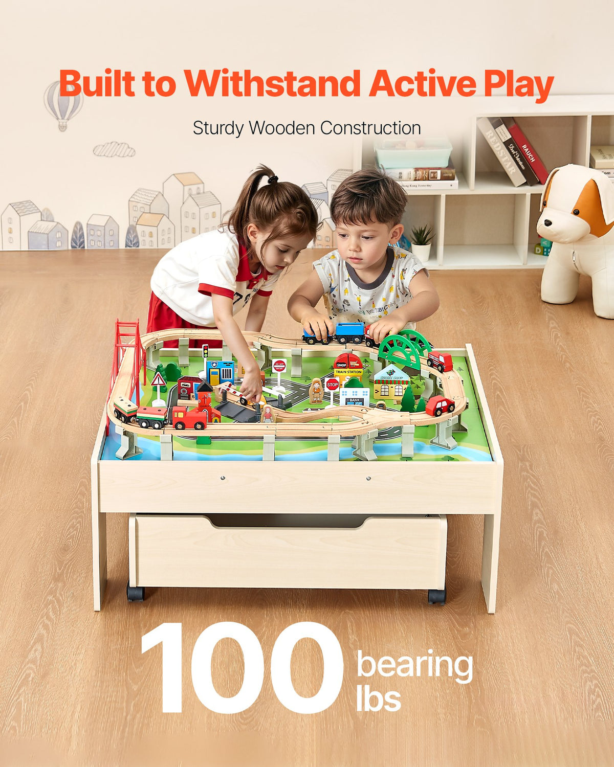 100-Piece Wooden Train Table with Storage Drawer