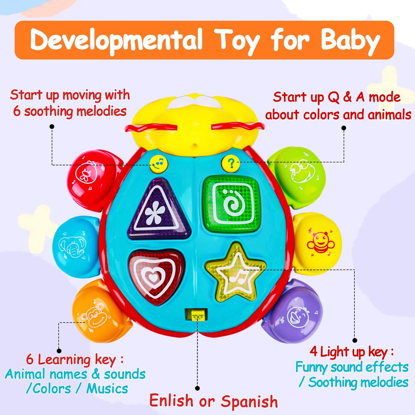 Baby Crawling Walking Musical Toy Spanish English Bilingual Learning Toys for Babies 6 to 12 12-18 Months Light up Infant Toys 3-6 7 8 9 10 Month Gift for 1 Year Old Boy Girl Ladybug Tummy Time Toys