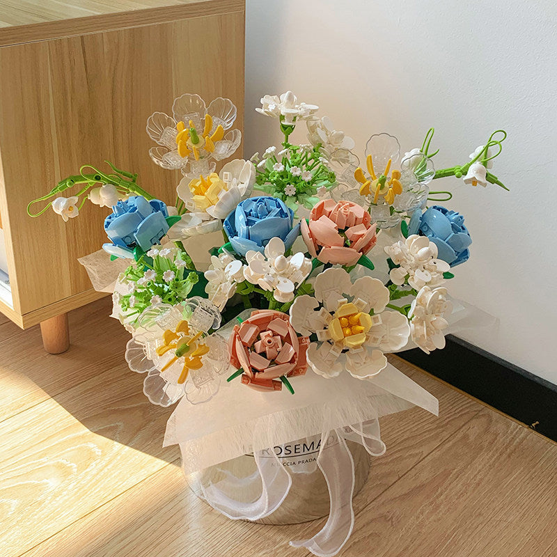 Flower Bouquet Building Blocks Kit 17pcs Silver Bucket