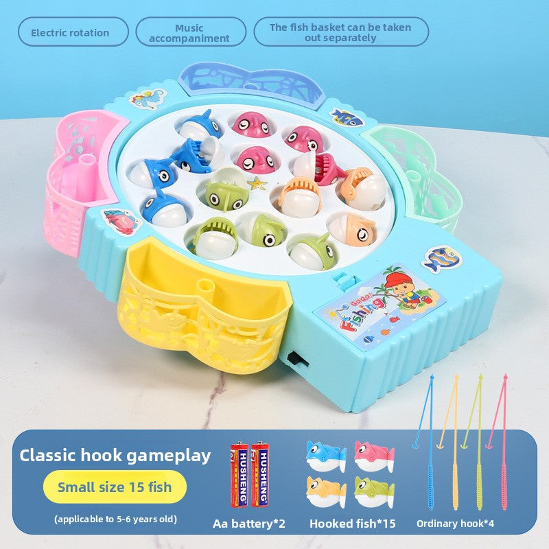 Fishing Game Toy for Kids Classic hook blue 15 fish 4 pole Without battery