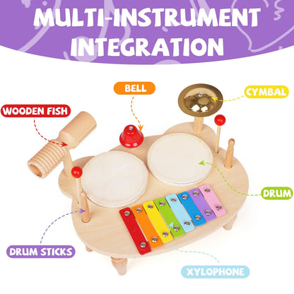 Kids Drum Set All in One Montessori Musical Instruments Set Toddler Toys Natural Wooden Music Kit Baby Sensory Toys Months Birthday Gifts for Girls Boys