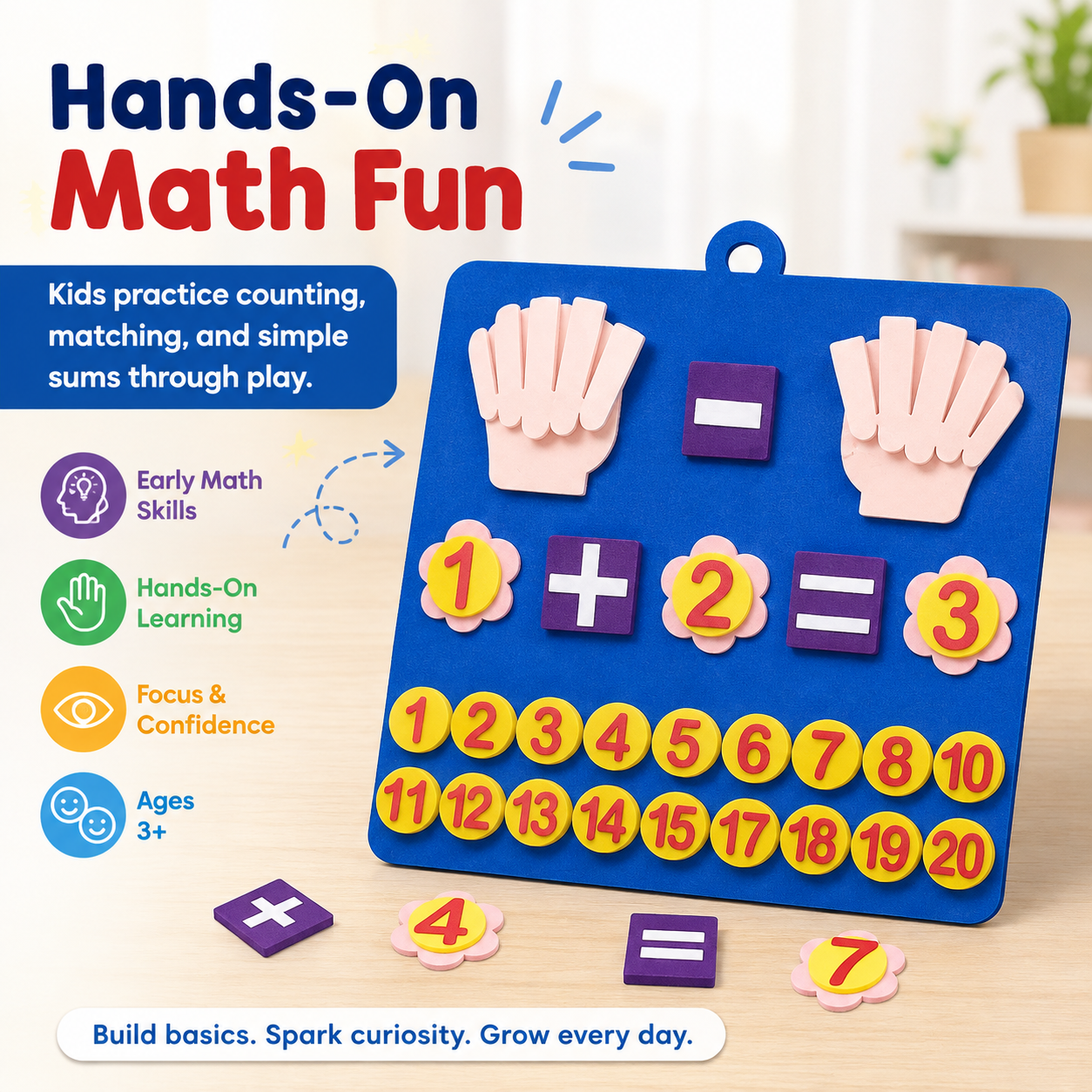 EVA counting and math toy for preschool kids showing hands-on counting, matching and simple addition practice