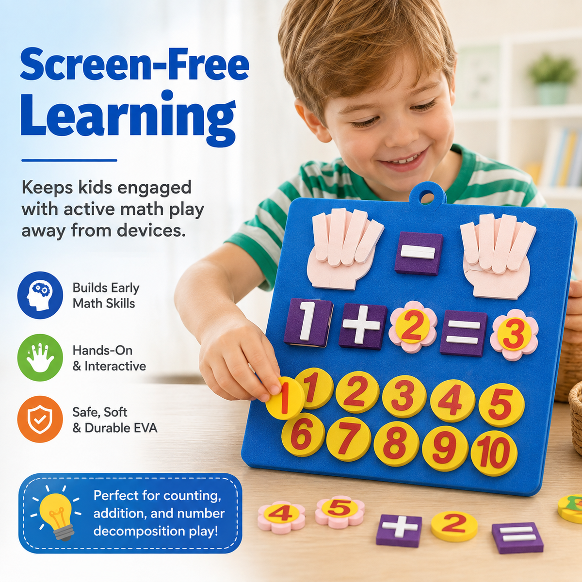 Screen-free EVA counting math toy for active preschool math play away from devices