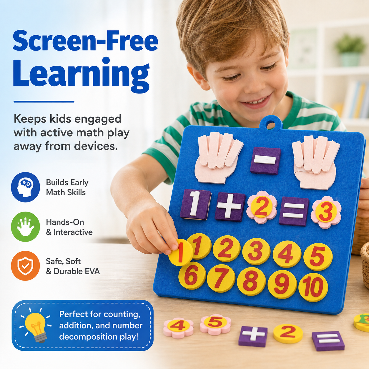 Screen-free EVA counting math toy for active preschool math play away from devices