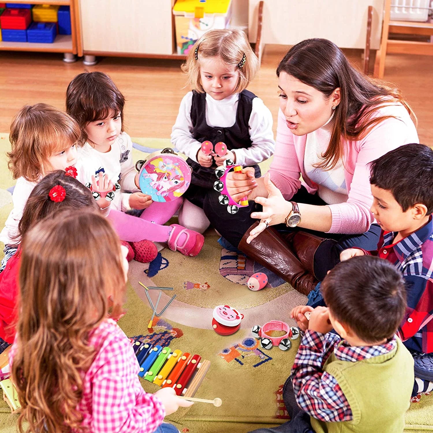 Music Toys & Toddler Learning Toy 16-Piece Wooden Musical Instrument Set for Kids 1-3 Year