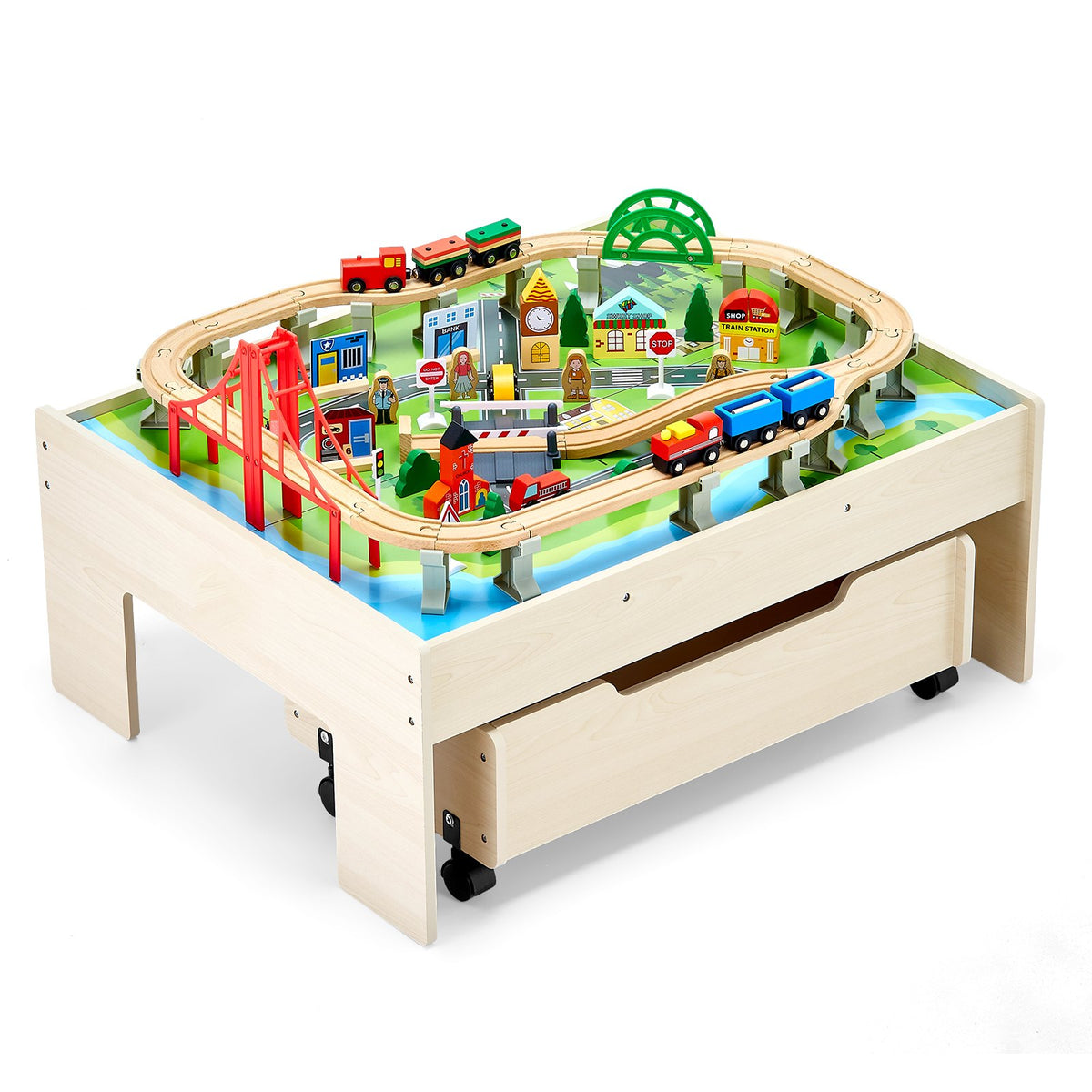 100-Piece Wooden Train Table with Storage Drawer