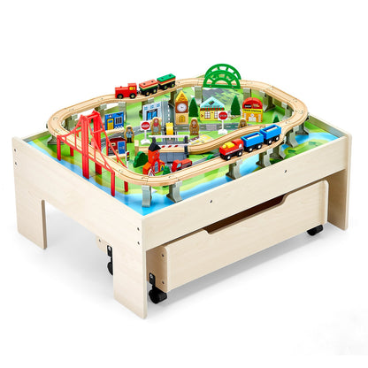 Train Table 100 Pieces Wooden Kids Activity Table With Rolling Storage Drawer