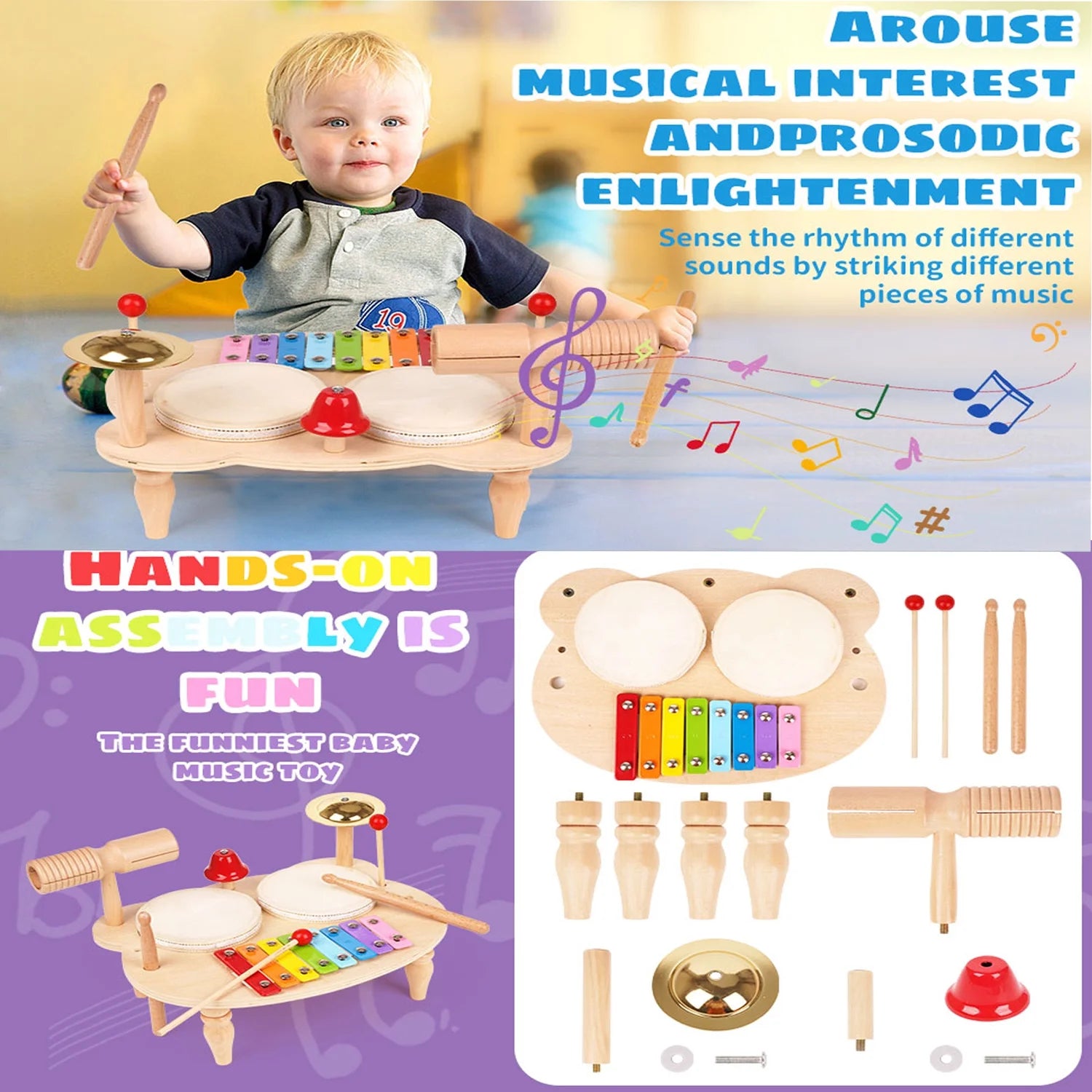 Kids Drum Set All in One Montessori Musical Instruments Set Toddler Toys Natural Wooden Music Kit Baby Sensory Toys Months Birthday Gifts for Girls Boys