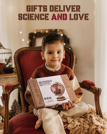 Rotating 3D Wooden Globe Puzzle with Astronomical Base – STEM Building Toy for Kids & Teens