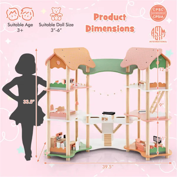 7-Room Wooden Dollhouse for Kids