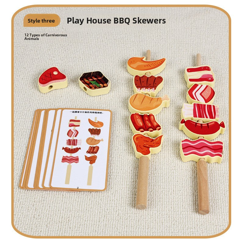 Wooden Pretend BBQ Grill & Food Skewer Play Sets for Kids