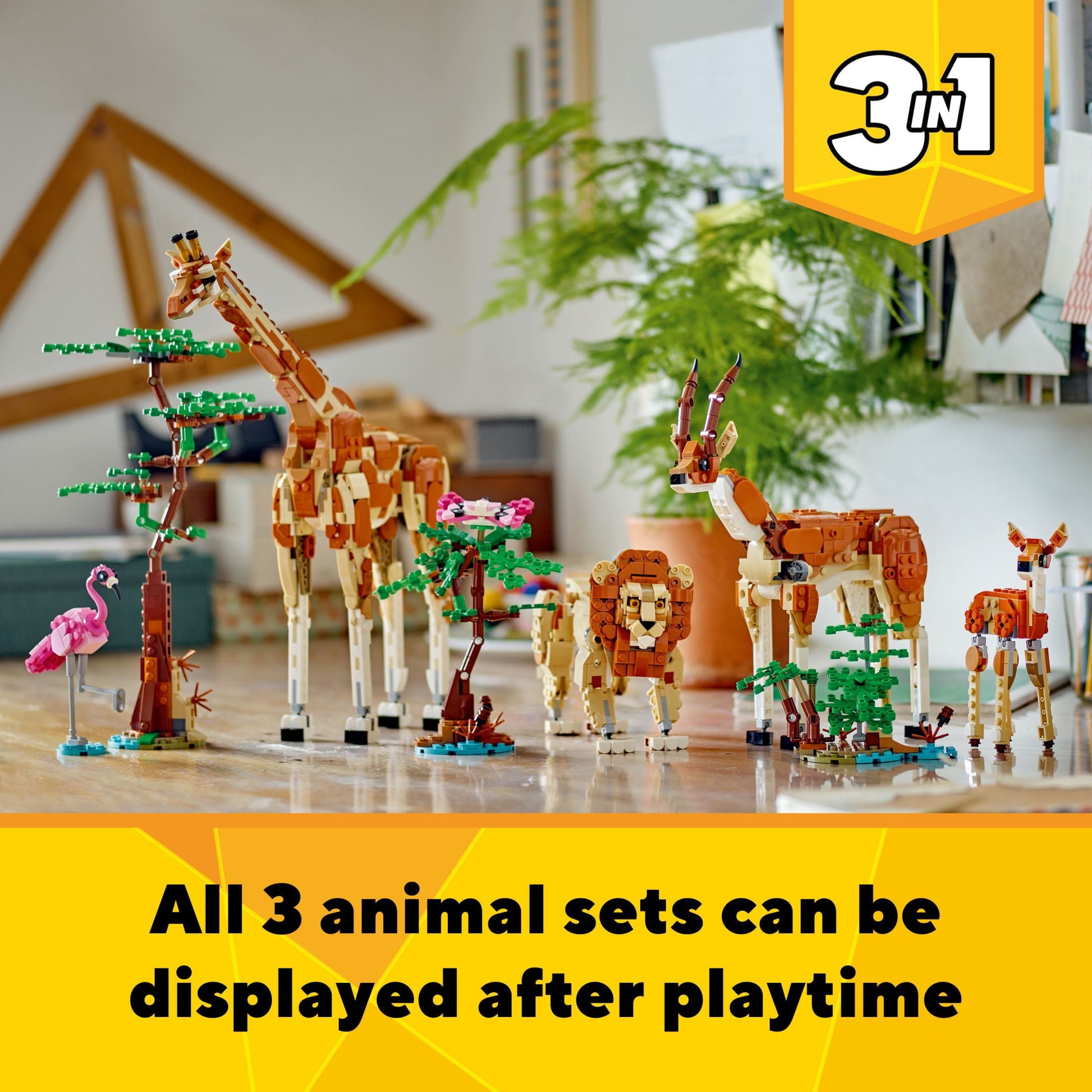 Creator 3 in 1 Wild Safari Animals, Rebuilds into 3 Different Safari Animal Figures - Giraffe Toy, Gazelle Toy or Lion Toy, Nature Toy, Building Set for Kids Ages 9 Years Old and Up, 31150