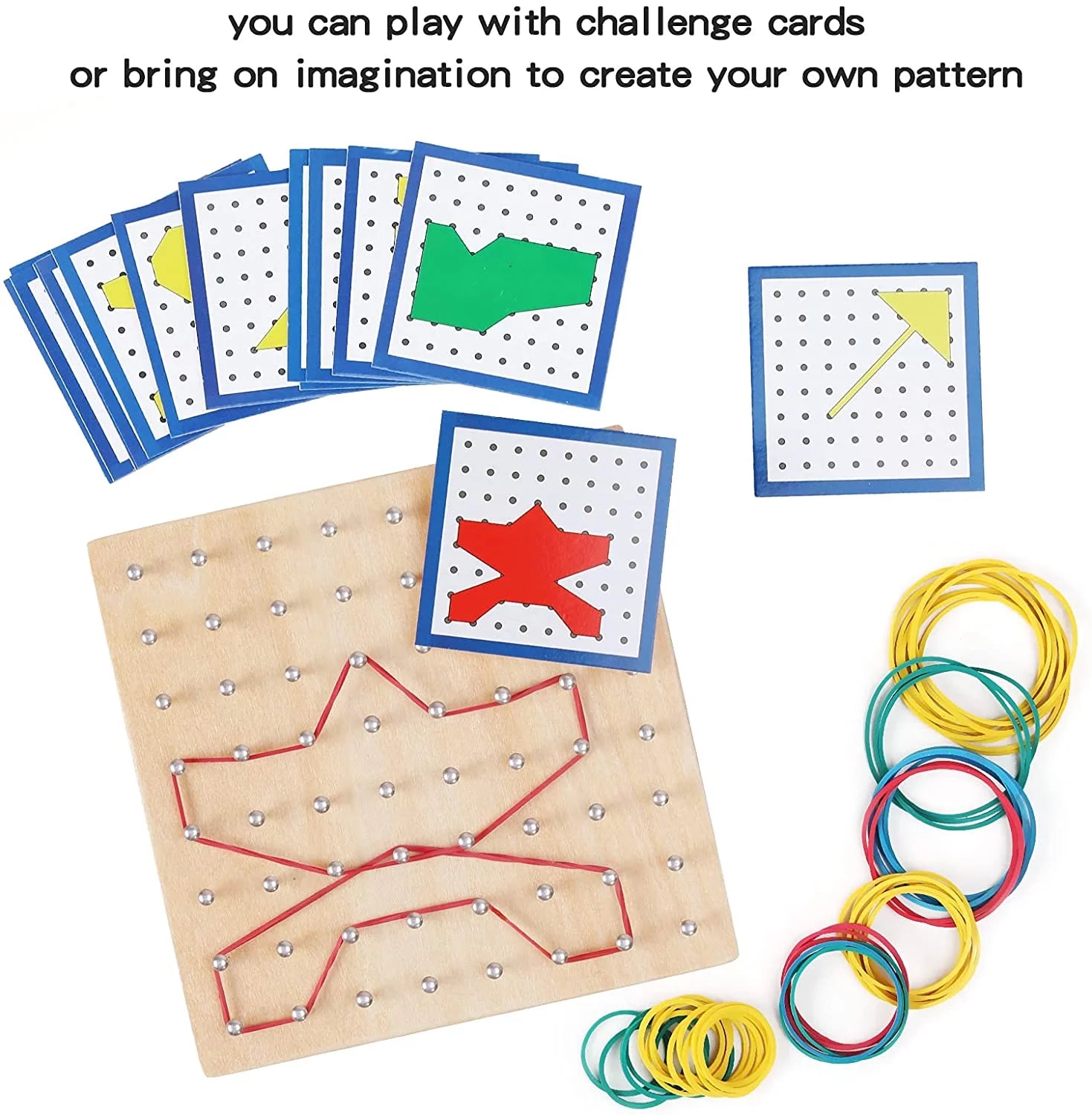 STEM Block Geo Board Graphical Educational Toys, Kids Montessori Geoboard Mathematical Manipulative Array Block with Pattern Cards and Rubber Bands Matrix 8X8 Brain Teaser Toys