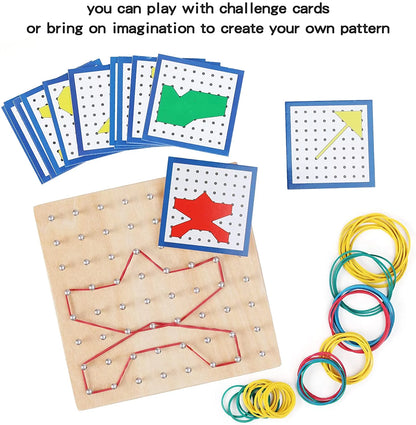 STEM Block Geo Board Graphical Educational Toys, Kids Montessori Geoboard Mathematical Manipulative Array Block with Pattern Cards and Rubber Bands Matrix 8X8 Brain Teaser Toys