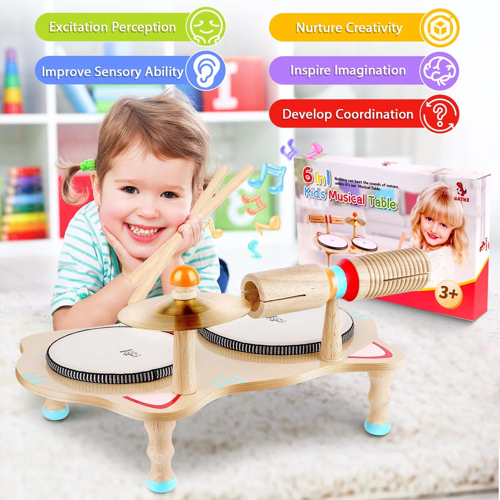 Music Toy Drum Set for Kids Wooden Musical Instruments Baby Learning Toy for Boy Girl 1-5 Year