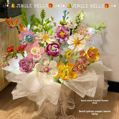 Flower Bouquet Building Blocks Kit Spring Peach 21pcs Silver Bucket