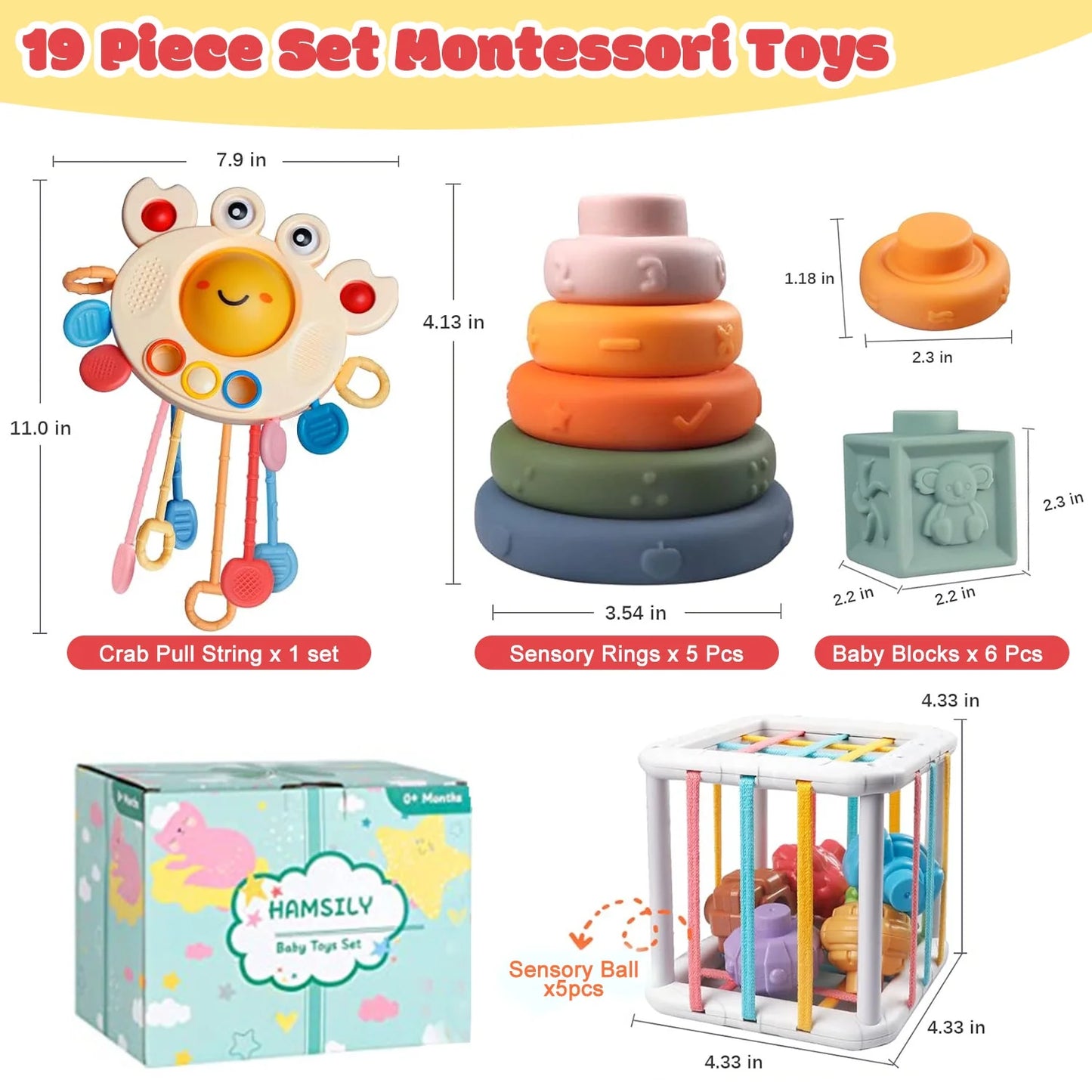 Baby Learning Toys for Ages 6-18 Months - 4In1 Toddler Toys Pull String Teether, Stacking Blocks, Sensory Shapes & Storage Bin, Montessori Toys for Babies Birthday Gift Toy Set