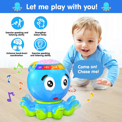 Blue Crawling Musical Octopus Baby Toys for 12-18 Months, Early Learning Educational Toy with Light & Sound, Birthday Toy for Infant Toddler Boy Girl 7 8 9 10 11 Month 1-2 Year Old