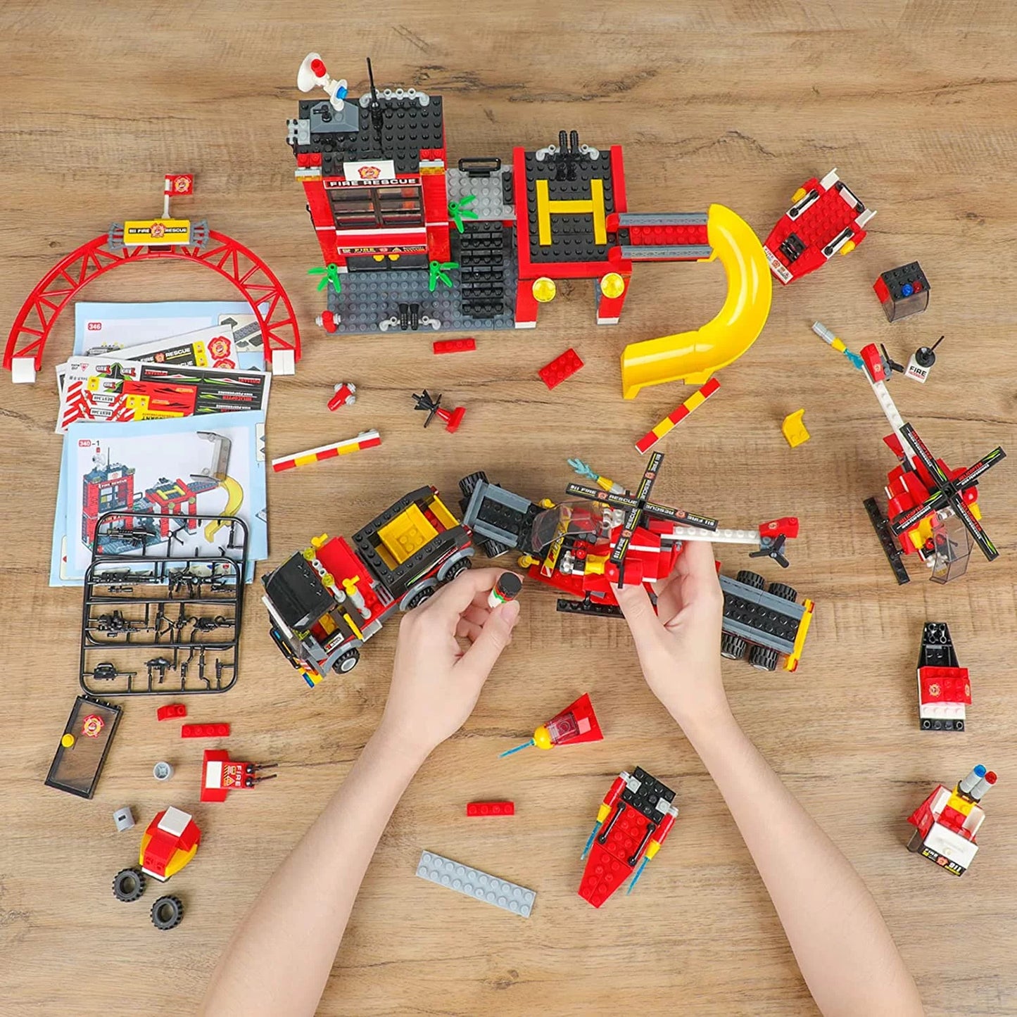 971 Pieces City Fire Station Building Toys Set, Fun Firefighter Building Block Kit, Fire Truck STEM Toy, Gift for Boys Kids Ages 6-12 (Red)