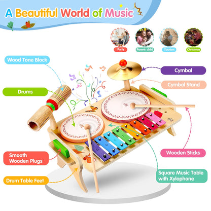 Toddler Drum Set,Xylophone Musical Instruments for Kids,Baby Drums Wooden Montessori Music Toy