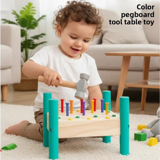 Wooden Pounding Bench Toy with Hammer and Colored Pegs