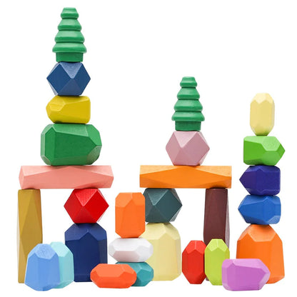 Build Beyond: Montessori Wooden Stone Blocks Rainbow Stacker Balancing Games for Kids! 🌈🪵