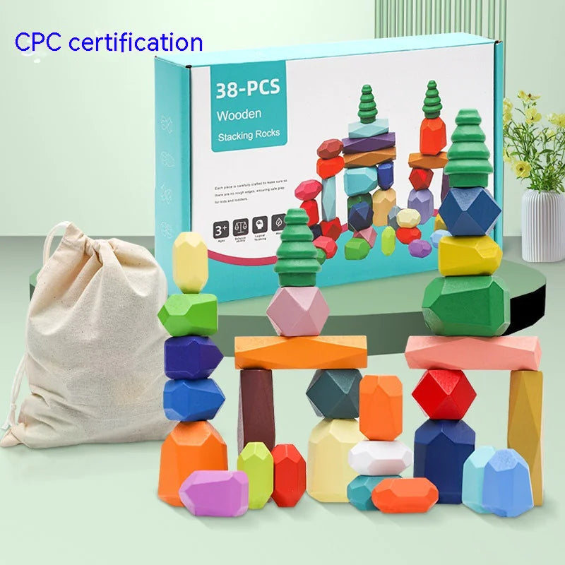 Build Beyond: Montessori Wooden Stone Blocks Rainbow Stacker Balancing Games for Kids! 🌈🪵