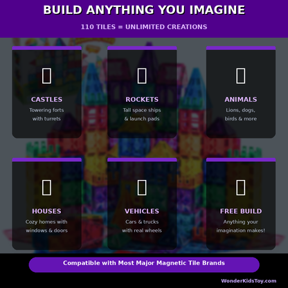 110-Piece Magnetic Tiles Building Set with Vehicle – 3D STEM Toy Ages 3+
