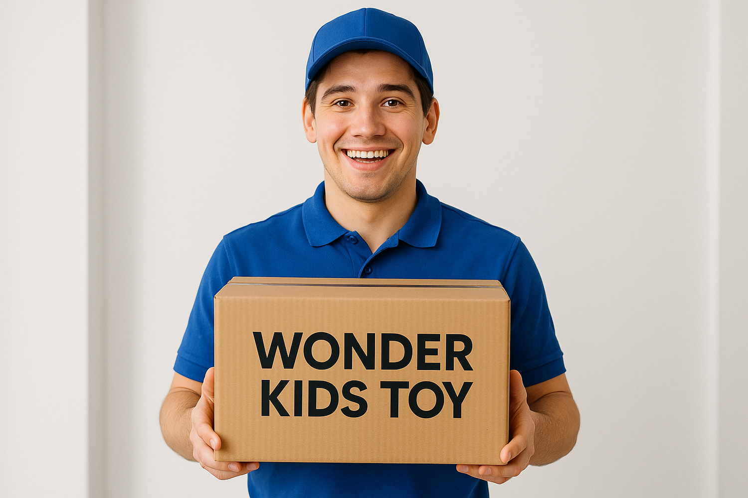 make image of a delivery boy with a box and WONDER KIDS TOY written on it