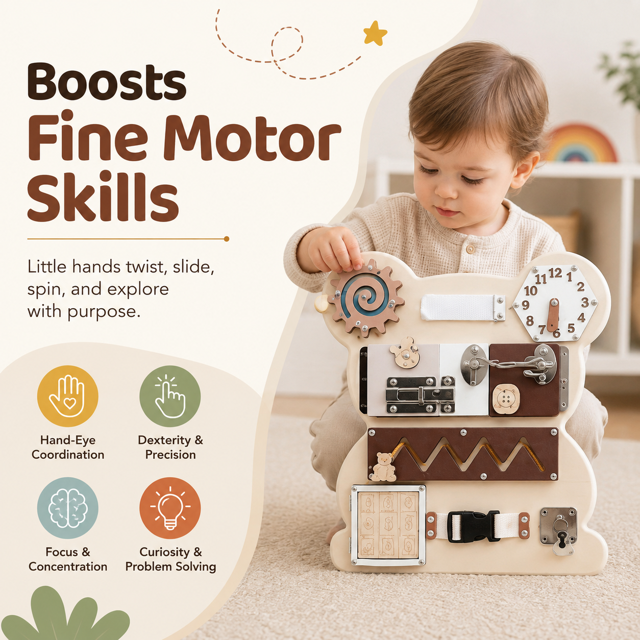 Montessori busy board for kids that supports fine motor skills, hand-eye coordination, dexterity and focused play