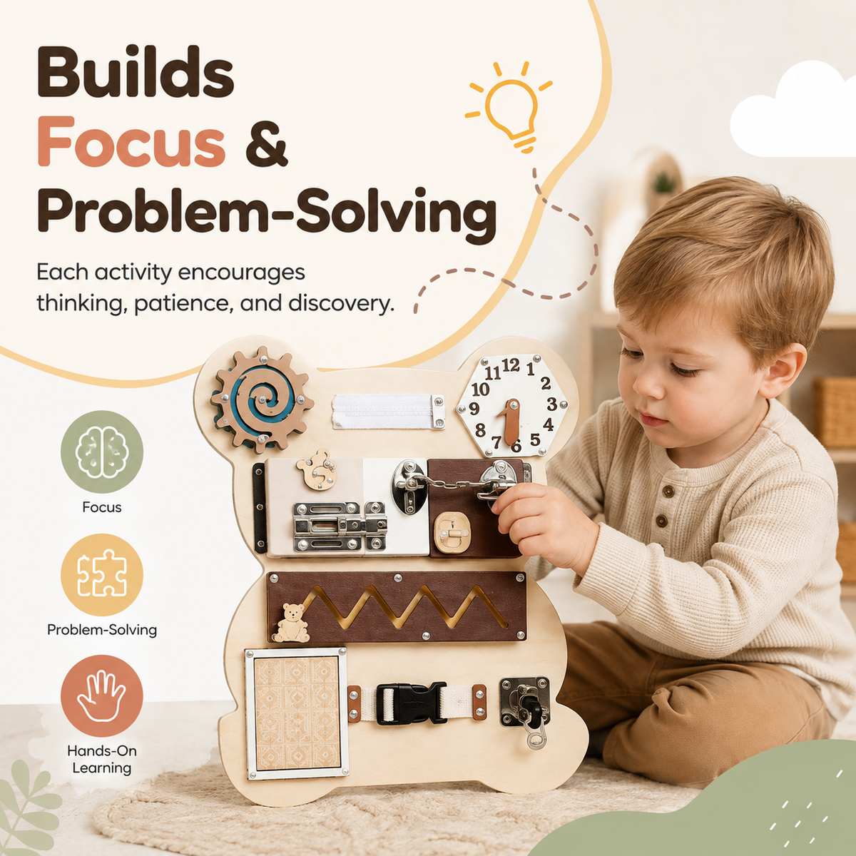 Montessori busy board for kids that encourages focus, problem-solving, patience and hands-on discovery