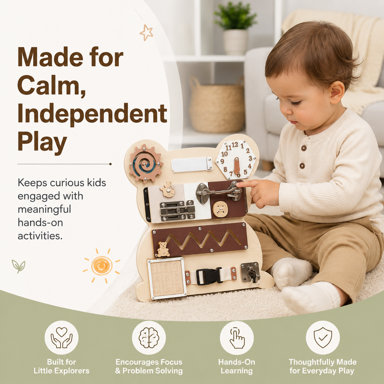 Montessori busy board for kids made for calm independent play with meaningful hands-on activities