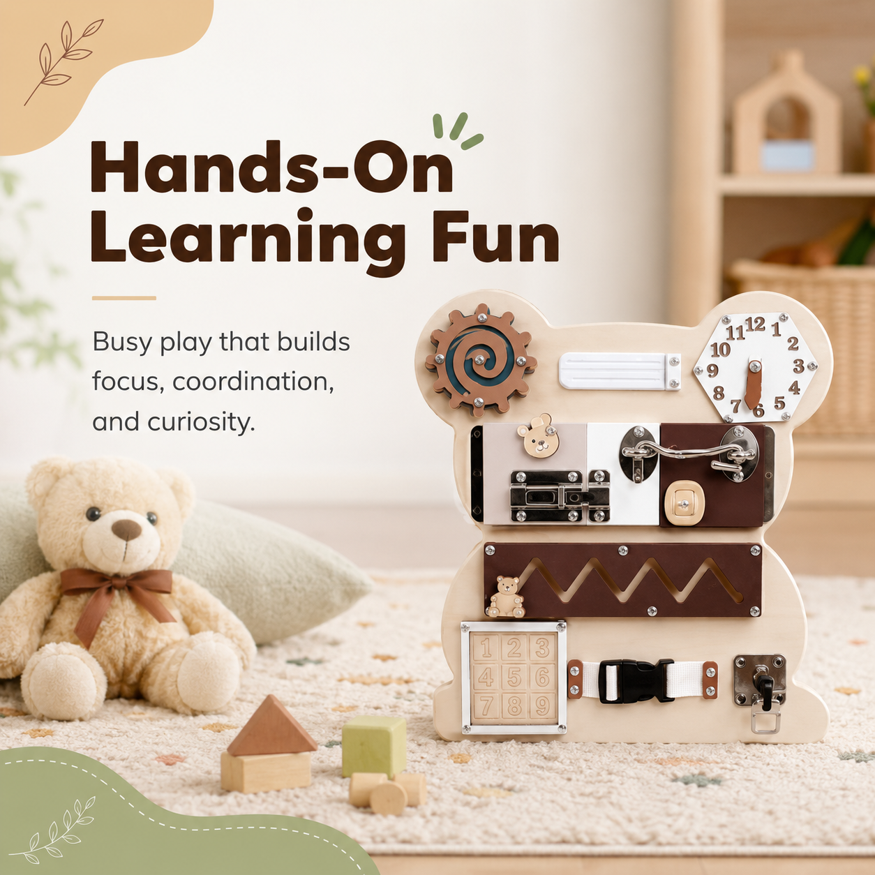 Montessori busy board for kids showing hands-on learning fun that supports focus, coordination and curiosity