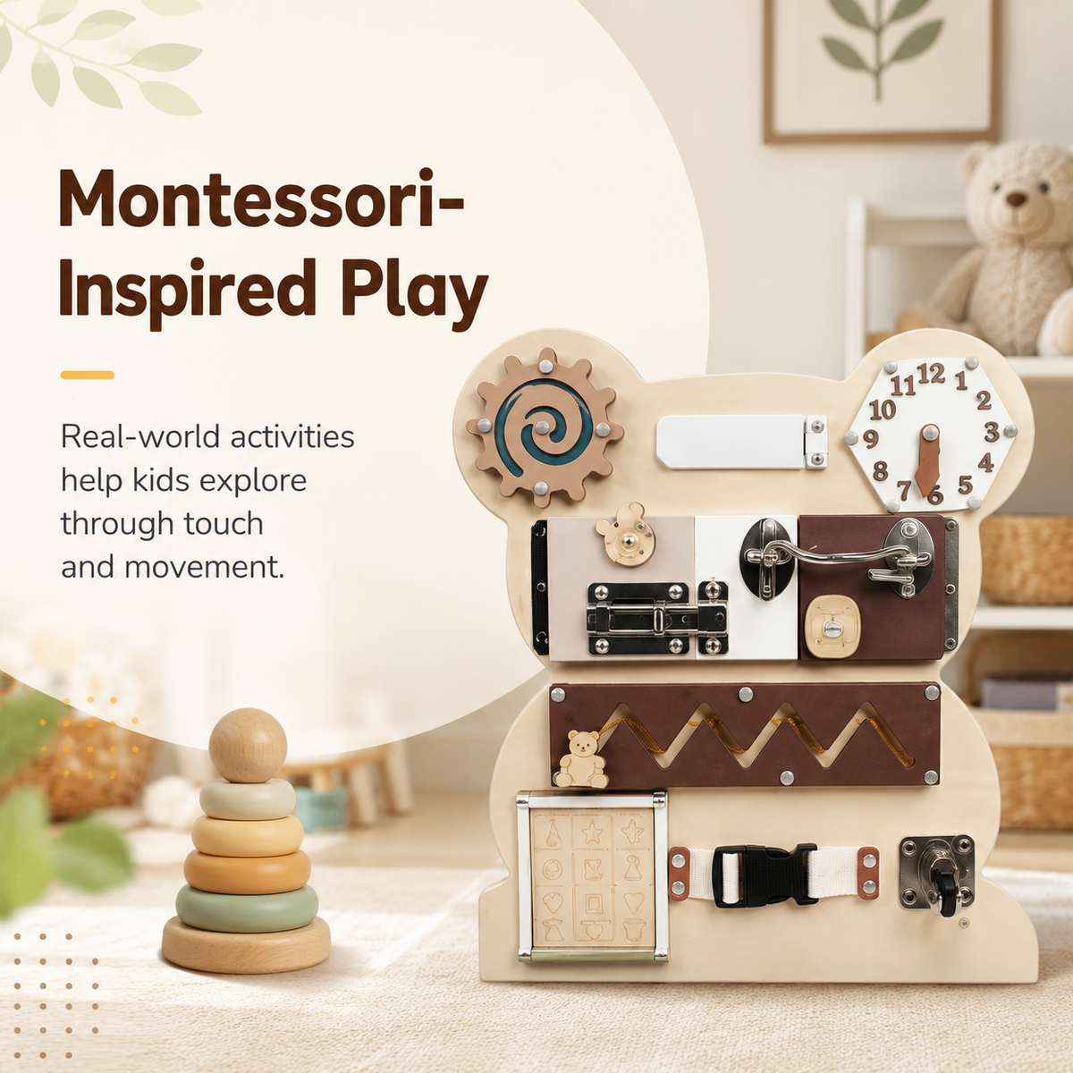 Montessori-inspired busy board for kids with real-world activities for touch, movement and sensory play
