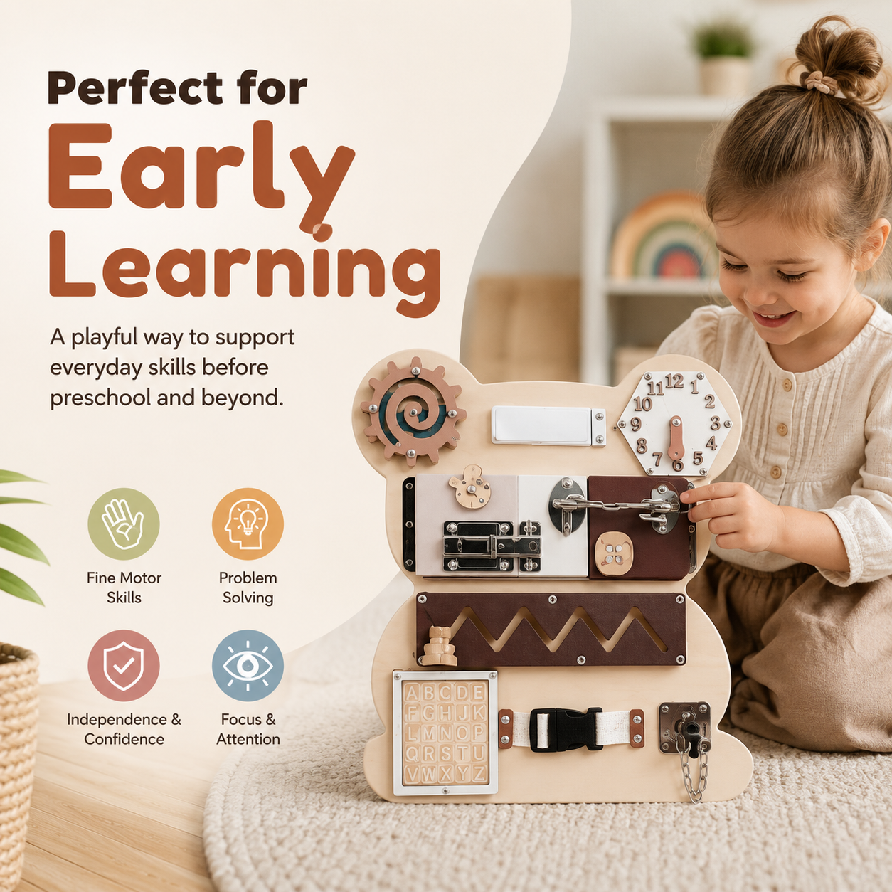 Montessori busy board for kids for early learning, fine motor skills, problem-solving and everyday skill practice