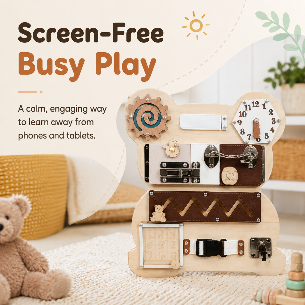 Screen-free Montessori busy board for kids for calm hands-on play away from phones and tablets