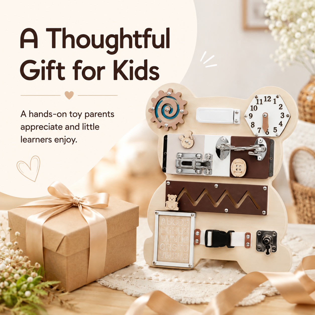 Montessori busy board for kids as a thoughtful hands-on gift for little learners