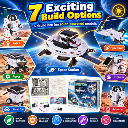Promotional illustration comparing seven solar robot model designs around a space-station build