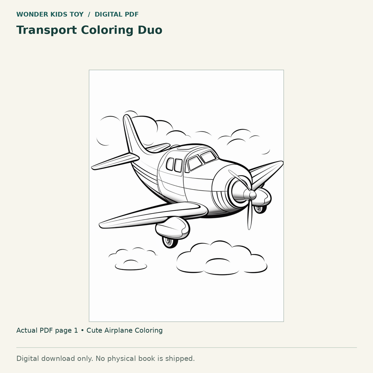 Transport Coloring Duo: actual page 1 from Cute Airplane Coloring. Digital only; no physical book.